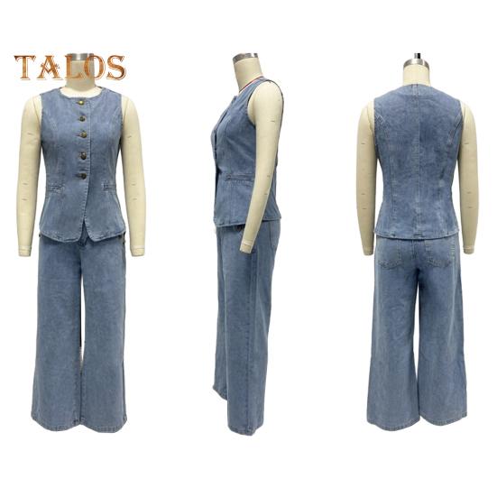 Women's Denim Outfits Sleeveless Casual Button Down Sleeveless Tank Top Vest High Waist Wide Leg Jean Pants