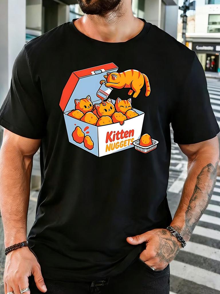 Unisexs Royal Blue Crew Neck Tee Kitten Nuggets Fast Food Box Graphic Print Loose Summer Street Casual Daily Basic Short Sleeve Top