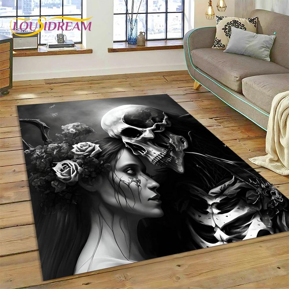 Skull Dead Girl 3D Gothic Horror Female Rose Rug Carpet for Living Room Bedroom Decor,Non-slip Decoration for Sofa Doormat Gift
