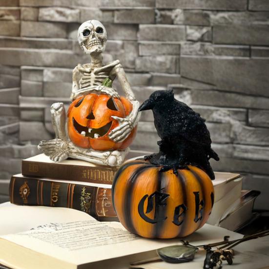 Halloween Skeleton Pumpkin Statue Spooky Pumpkin with Skull/Crow Sculpture Halloween Indoor Resin Ornament for Home Office Desk Decor
