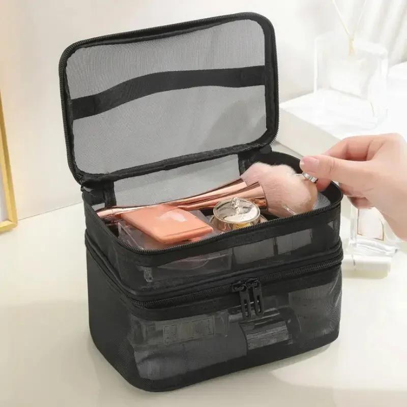 Large Capacity Mesh Cloth Makeup Bag Travel Essentials Cosmetics Organizer Women Toiletry Bag Double Layer Design Cosmetic Bag