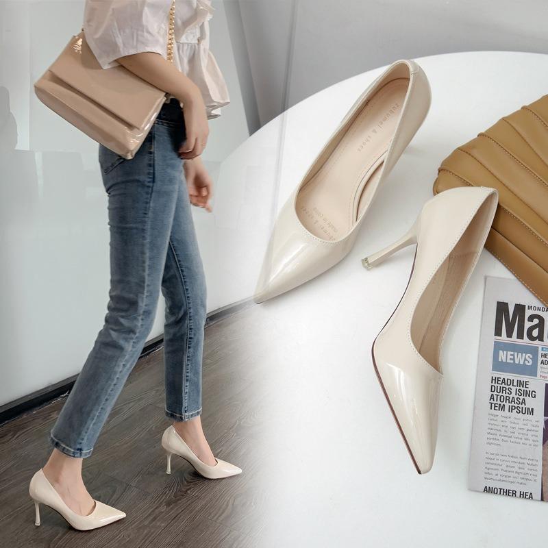 20 shallow patent leather thin heel black high heels single shoes women's shoes pointed solid color design versatile