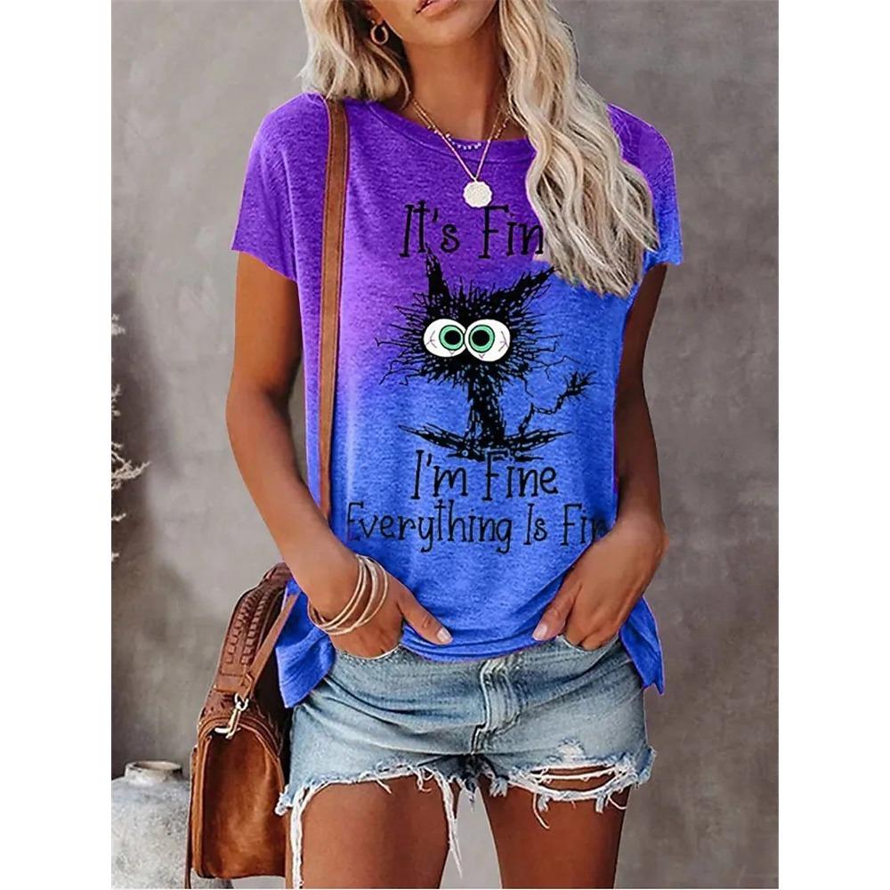 Damen-T-Shirt mit Katzenaufdruck, lockeres Kurzarm-Freizeitkleid, Oversize, Rundhalsausschnitt,