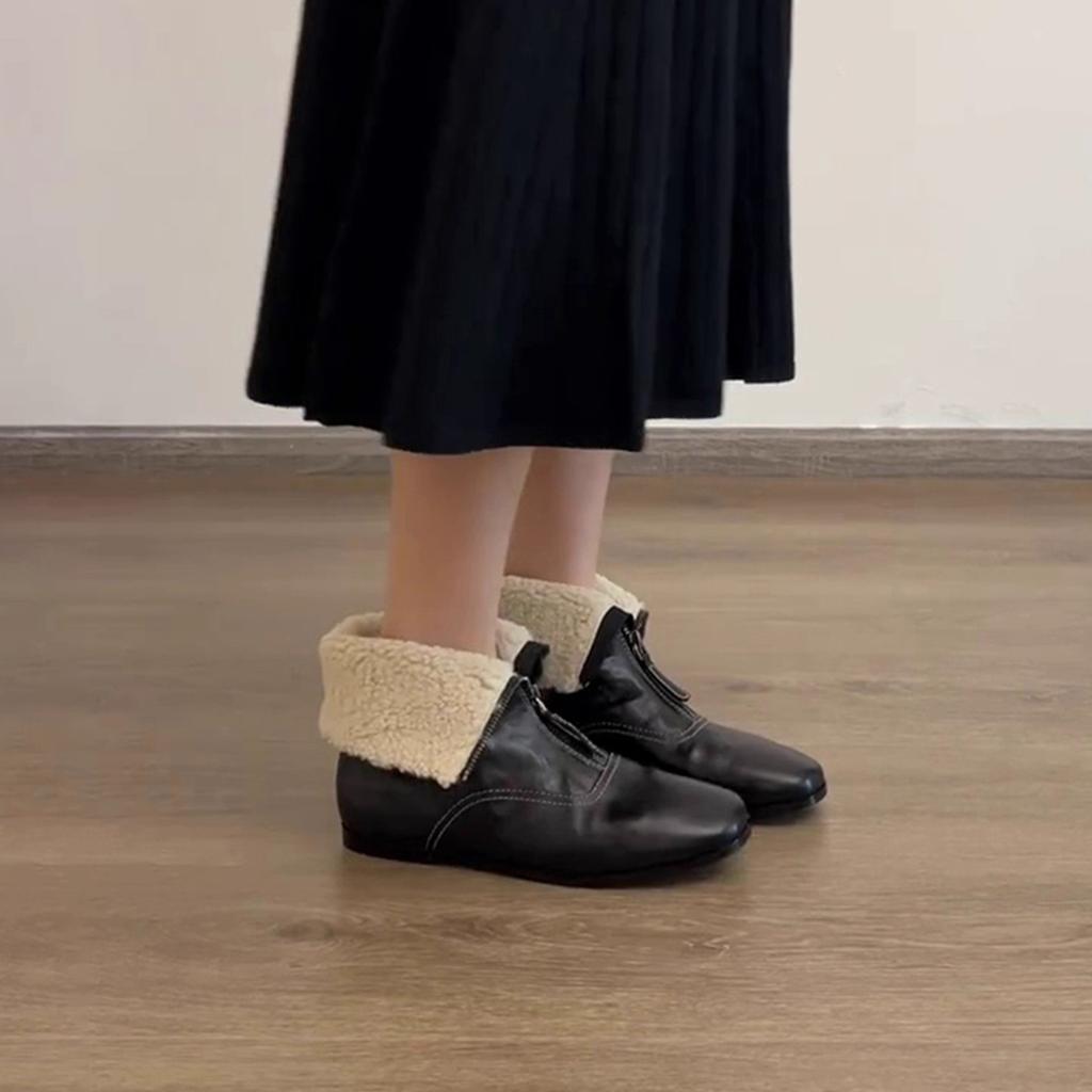 British Style Retro Square Toe Short Boots for Women 2026 New Style with Plush Warm Front Zipper Fashionable Boots
