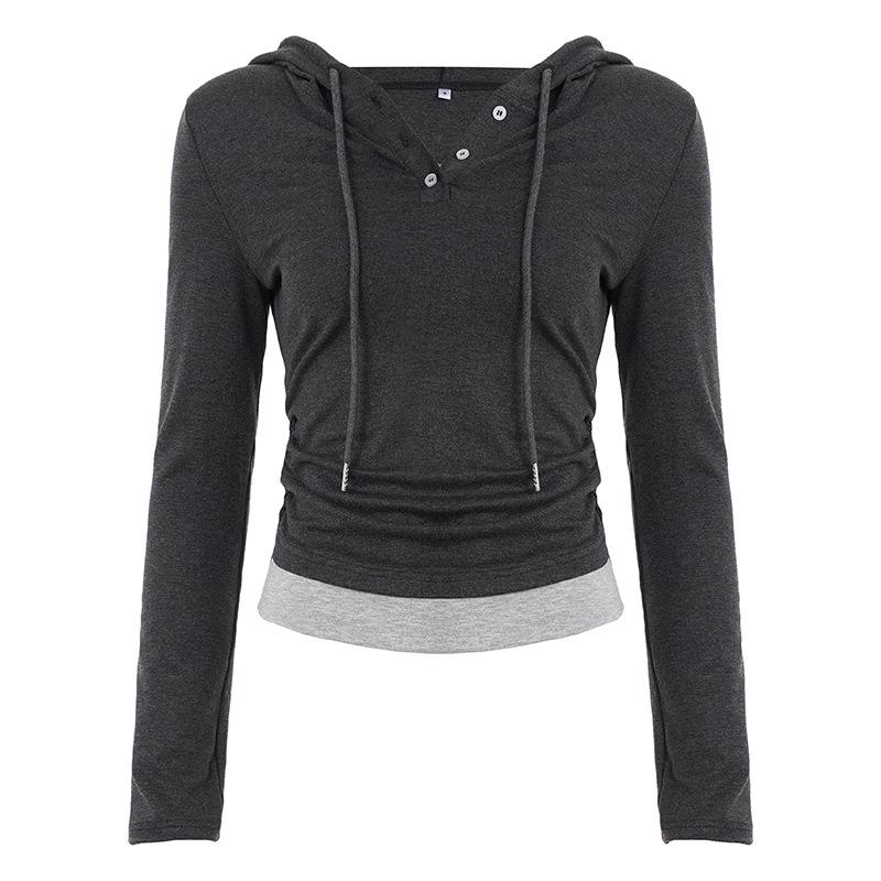 

Casual Color Block Hooded Knit T-Shirt with Cinched Waist Long Sleeves Small
