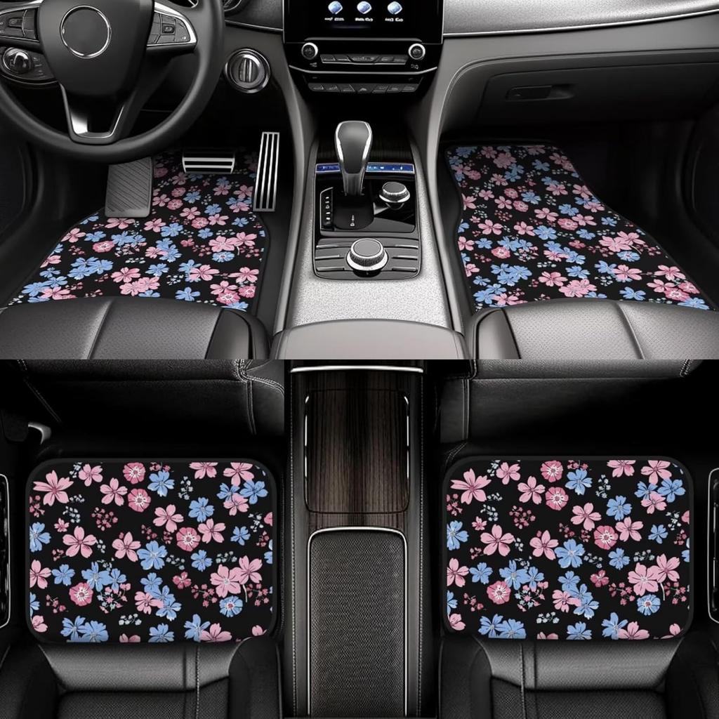 Floral Print Car Floor Mats Cute Flower Front Rear Seat Floor Rugs Carpets Full Set Auto Interior Accessories Decor Gift