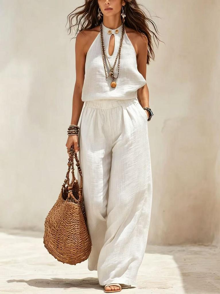 New summer European and American cross-border independent station Amazon women's wide-leg fashion cotton and linen sleeveless neck jumpsuit