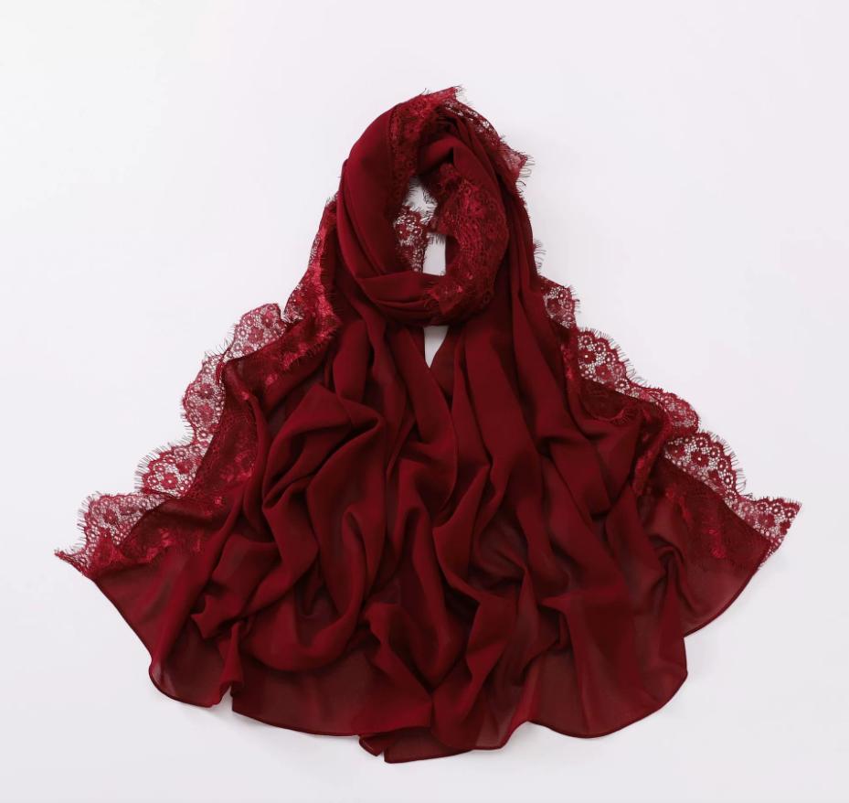 New Muslim Chiffon Hijab With Lace Muslim Scarf Long Shawls Solid Headscarf Wraps Embroidered Lace Muslim Turban Femme Hijab
