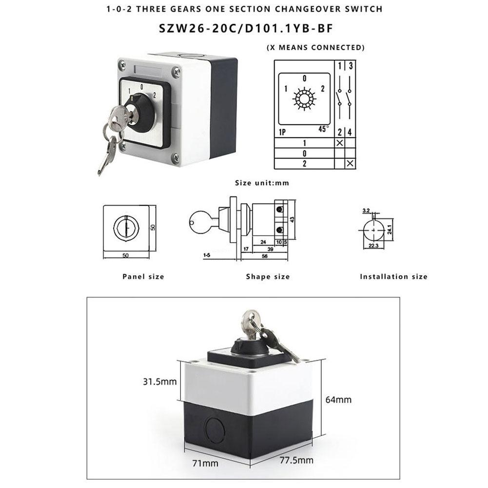 SZW26-20 20A Rotary Cam Changeover Switch 3-Gears 1-Section With Key Sealed Box For Power,Transportation,Mining And Automation