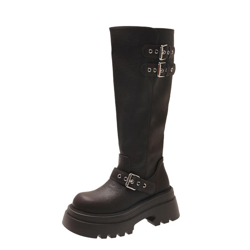 Black boots women's 2025 new spring, autumn and winter thick-soled knee-high knight boots small long boots