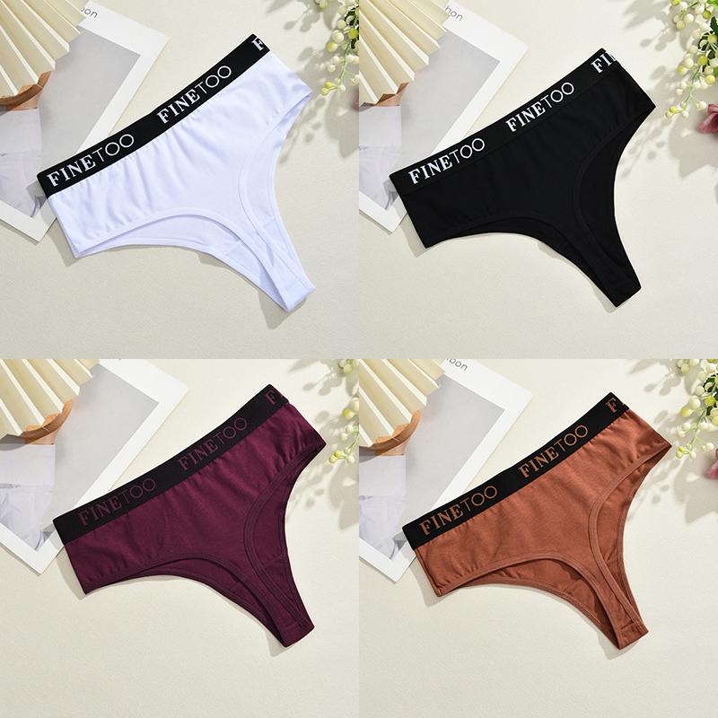 FINETOO 4Pcs Women Cotton Thongs Panties Female Ribbed High Rise G-String Ladies Sexy Bikini 6 Solid Color Girl Soft Intimates