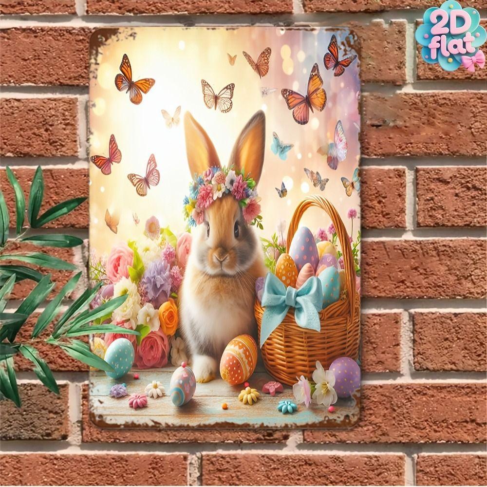 Tin Sign Retro Easter Rabbit Floral Wall Art Home Holiday Decor Metal Poster