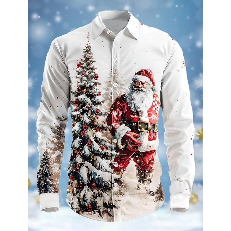 Christmas Theme Fashion Men's Casual Long Sleeve Shirt Breathable Tops Santa Claus Themed Stylish Pattern Full Sleeve Shirts