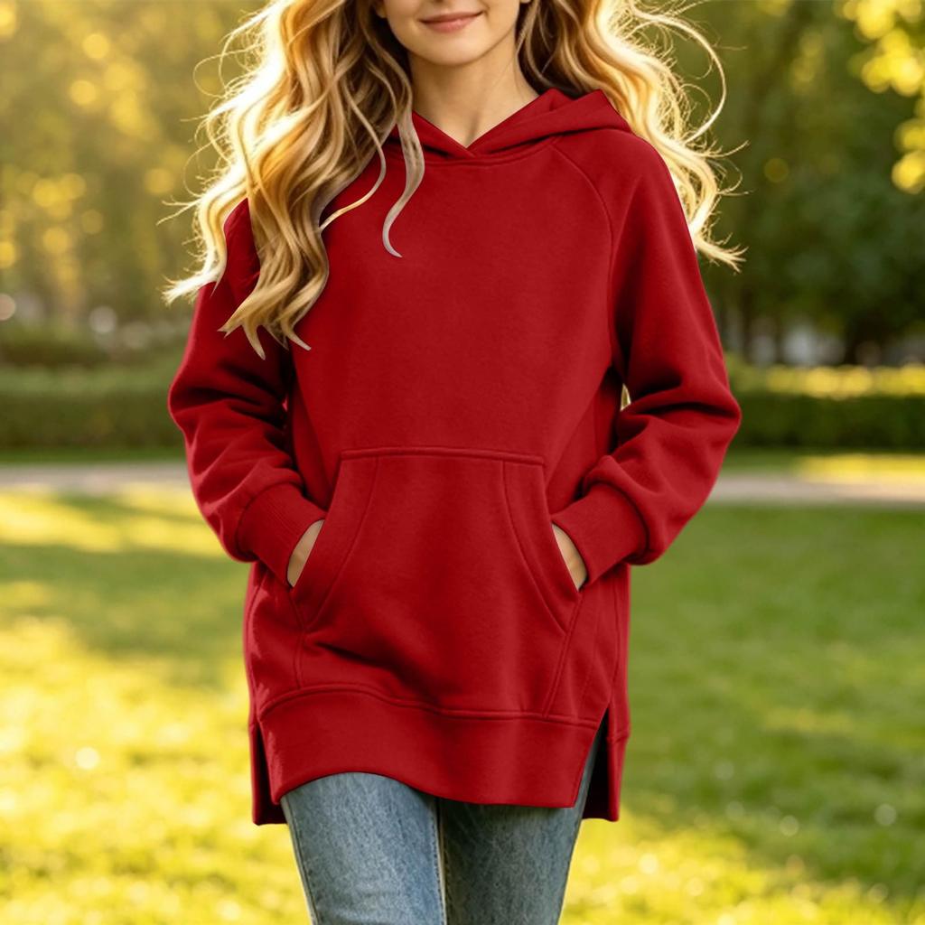 Big Girls Casual Long Sleeve Hoodie Long Length Pullover with Slit Hem for Fall Winter
