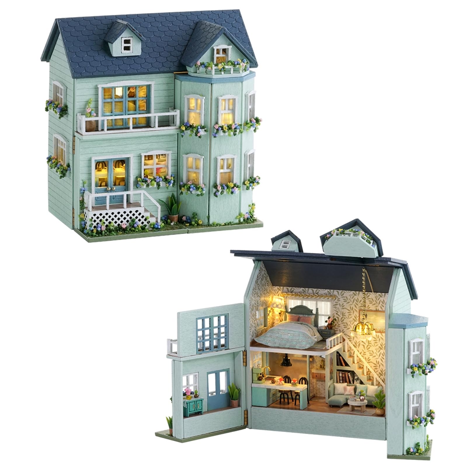 

CUTEROOM Miniature House, DIY Wooden Dollhouse Kit with Furniture and LED Lights, Birthday Gift for Women and Girls (Warmer Manners)