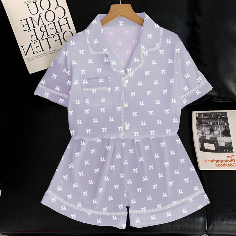 French Ice Silk Pajamas Women'S Summer Printing Loose Short-Sleeved Cardigan Loungewear Two-Piece Set Can Be Worn Outside