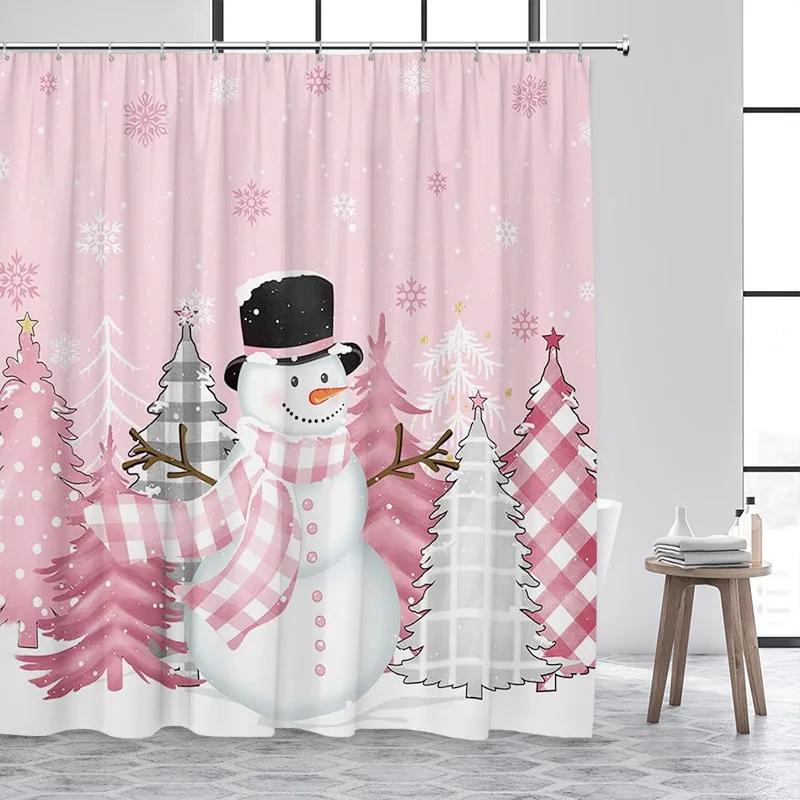Pink Christmas Shower Curtains Cute Santa Claus Elk Bells Xmas Tree Gold Snowflake New Year Bathroom Curtain Decor with Hooks