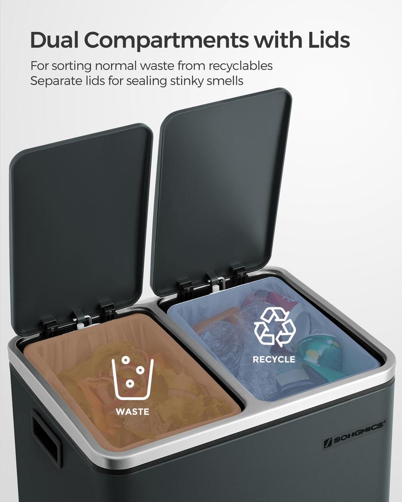 SONGMICS Kitchen Bin, 2 X 4 Gallon (2 X 15 L) Double Pedal Bin for Recycling and Waste, 15 Liners Included, Inner Buckets, Soft Close for Small Spaces