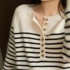 Women's Striped Color Block Wool Sweater - Round Neck, Button Knit, Loose Fit, Thick Outerwear for Autumn and Winter.
