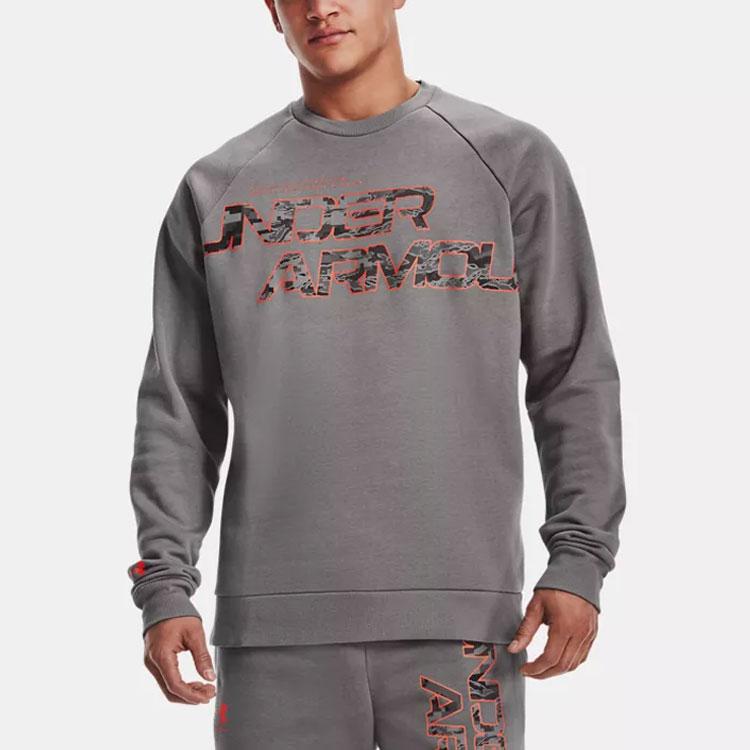 Under Armour Rival Script Camouflage Logo Print Fleece Crewneck Training Sweatshirt Men Sweatshirt Gray 1366306-066