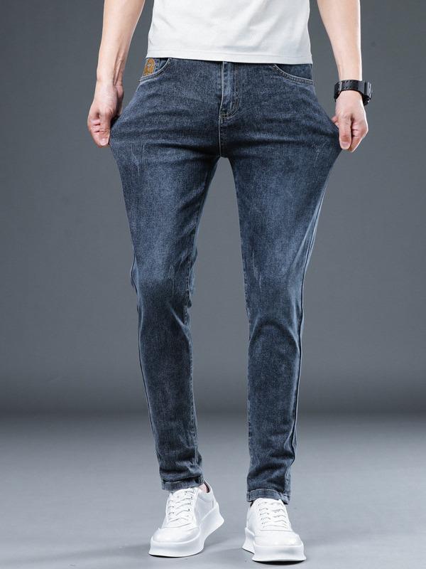 Xintang Men's Trendy Letter Print Slim Straight Jeans - All-Season Casual Style