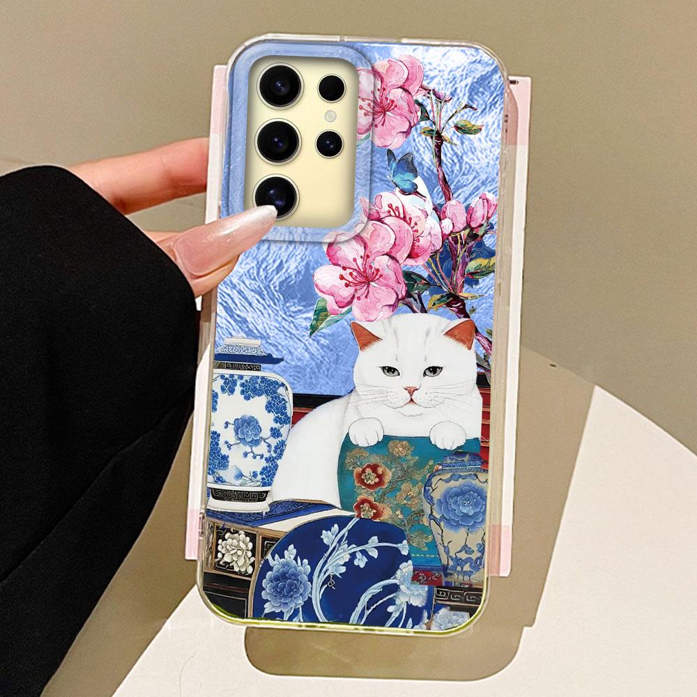 Retro Lucky Cute Cat Flower Girl Vortex Texture Phone Case for Samsung Galaxy S25 Edge S24 S23 S22 S21 S20 FE Plus Ultra Cover