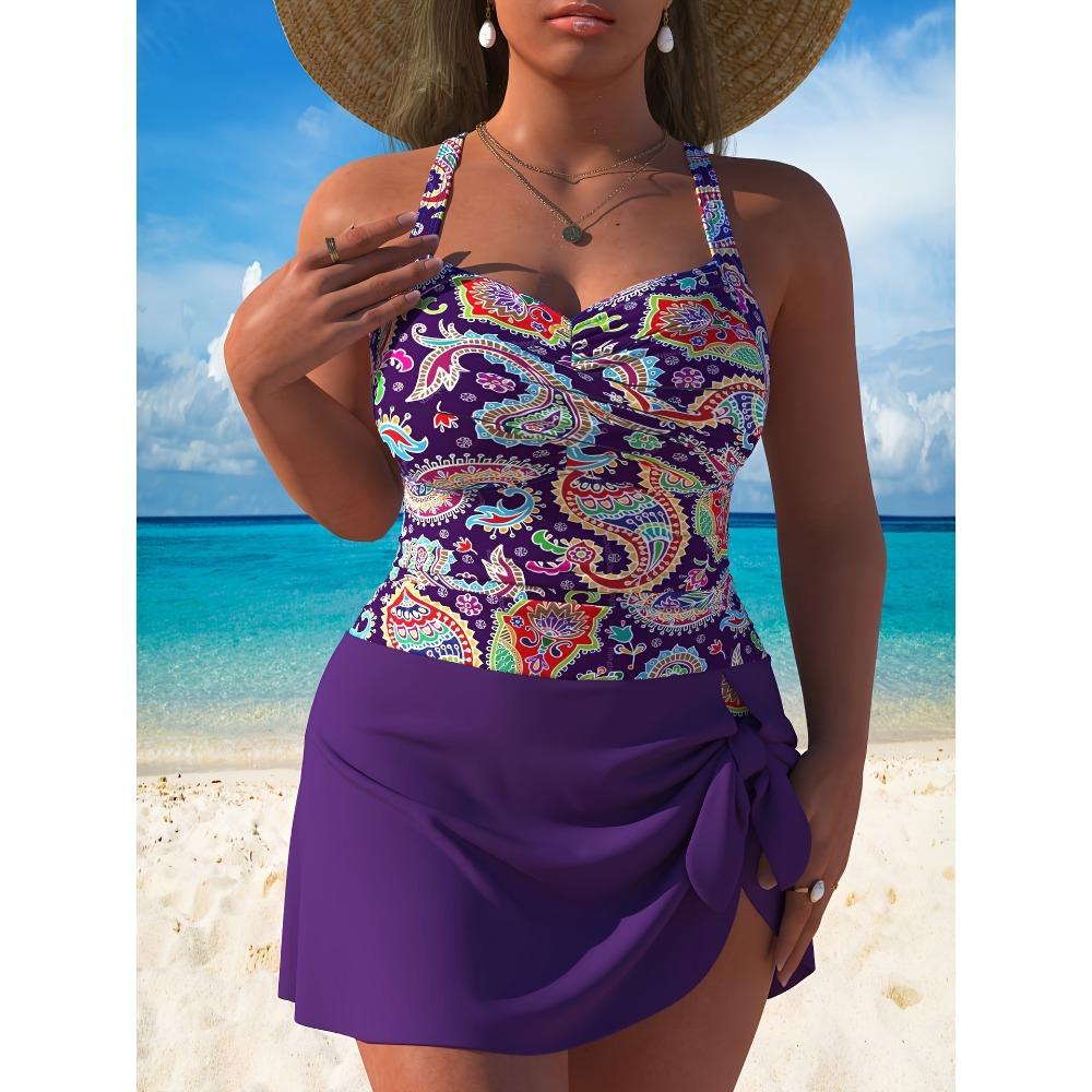 

Купальник большого размера женский европейский и американский, закрывающий полноту и стройнящий, слитный 5XL фиолетовый