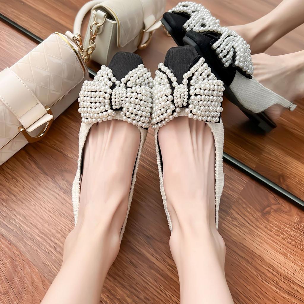 Spring New Thick Heel Single Shoes Women's Fashion Pearl Bag Head Mary Jane Shoes Women's Small Fragrant Style Back Empty Color Matching Shoes