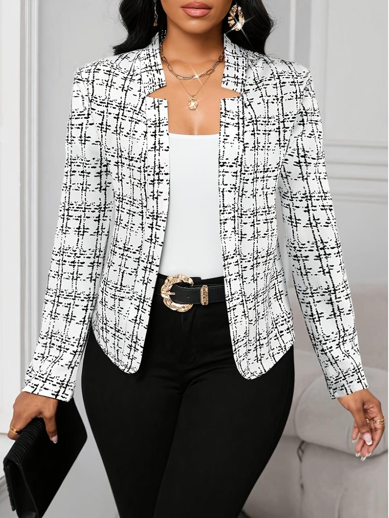 Women's Lightweight Plaid Long Sleeve Jacket - Stylish Open Front Outerwear for Spring & Fall, Black & White Houndstooth Pattern,