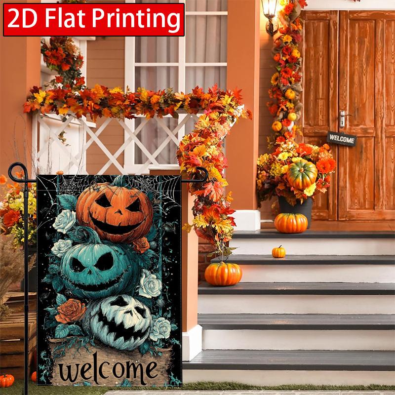 2D Flat, 2D Flat Vintage Watercolor Pumpkin Head Halloween Welcome Garden Flag_3 (1)- Outdoor Garden Flag Double-sided Home Decoration Courtyard Decor
