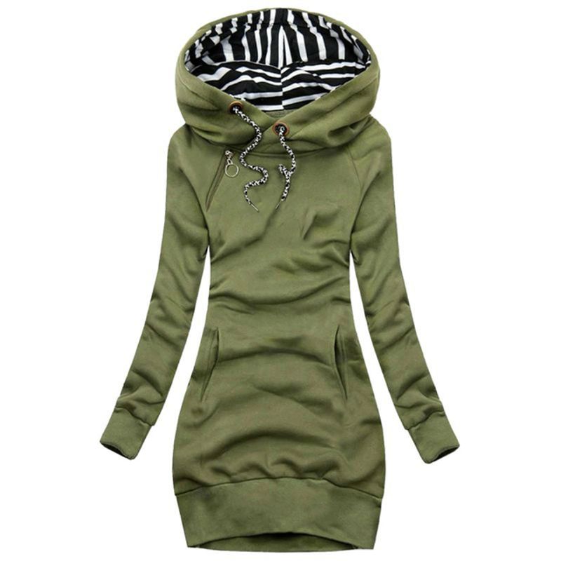 

Printed Cotton Long Sleeve Slim Pocket Hoodie Dress S-3XL Army Green S