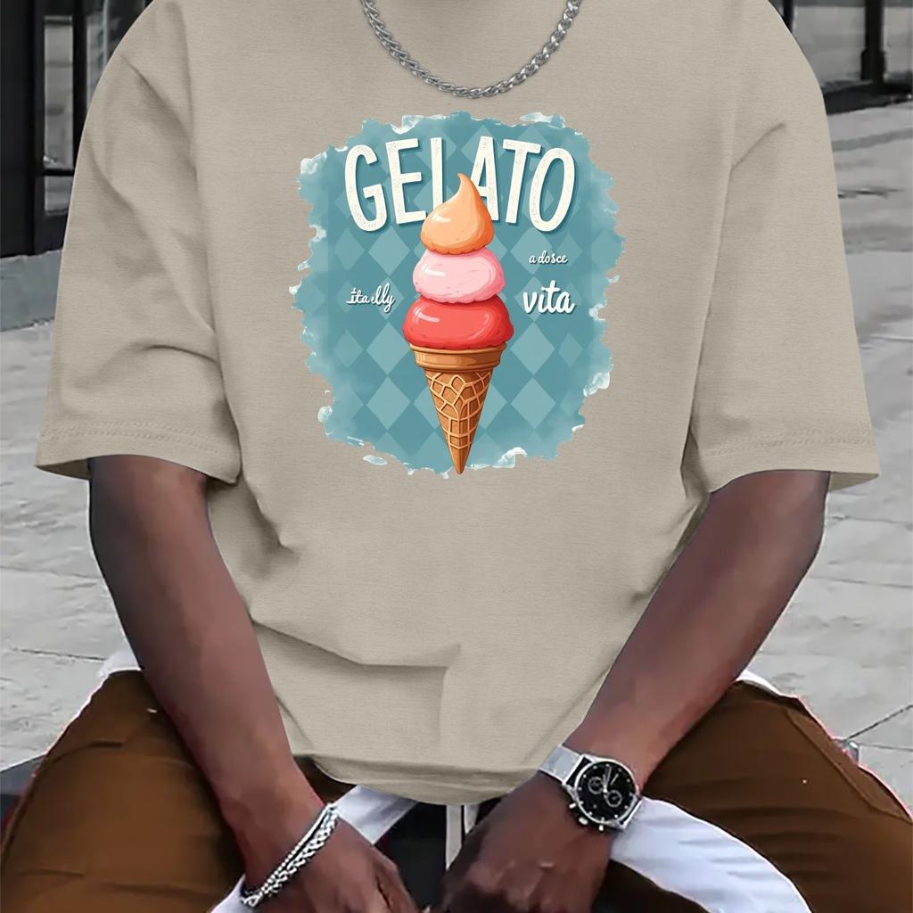 Gelato Italian Ice Cream Cone Graphic Mens Casual Cotton TShirt Summer Short Sleeve Round Neck Tee