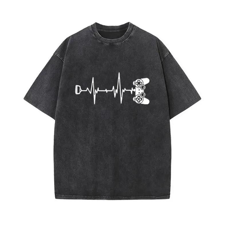 European and American Washed Retro Funny Fish Bone Cartoon Mechanical Printing Hip Hop Short Sleeve Loose T-shirt Top
