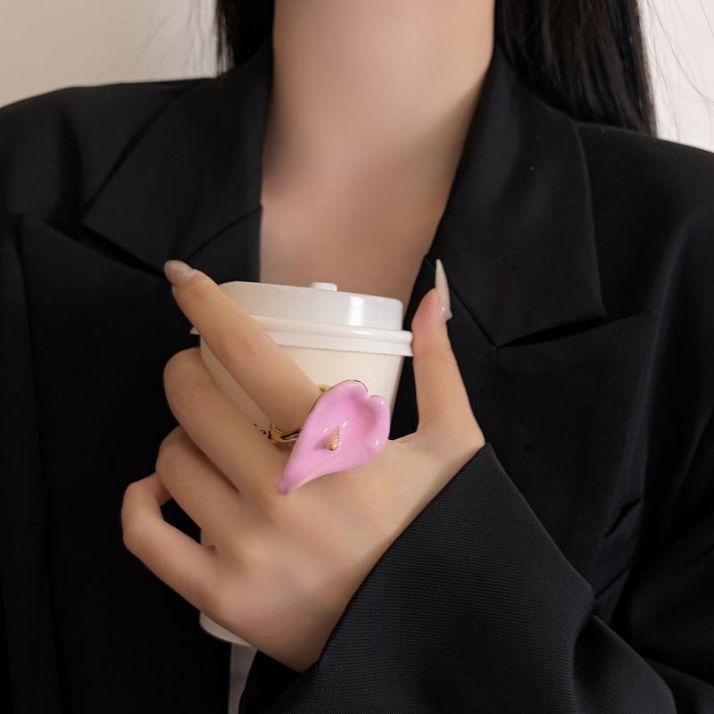 Calla Flower Ring Elegant Enamel Adjustable Metal Open Geometric Style for Women Dating Wedding Guest Wear