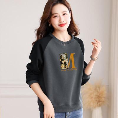 Damen Rundhals-Sweatshirt - 2025 Frühling/Herbst Winter-Stil, Modisch mit Plüsch, Bedruckter Patchwork, Lässiges Allround-Oberteil