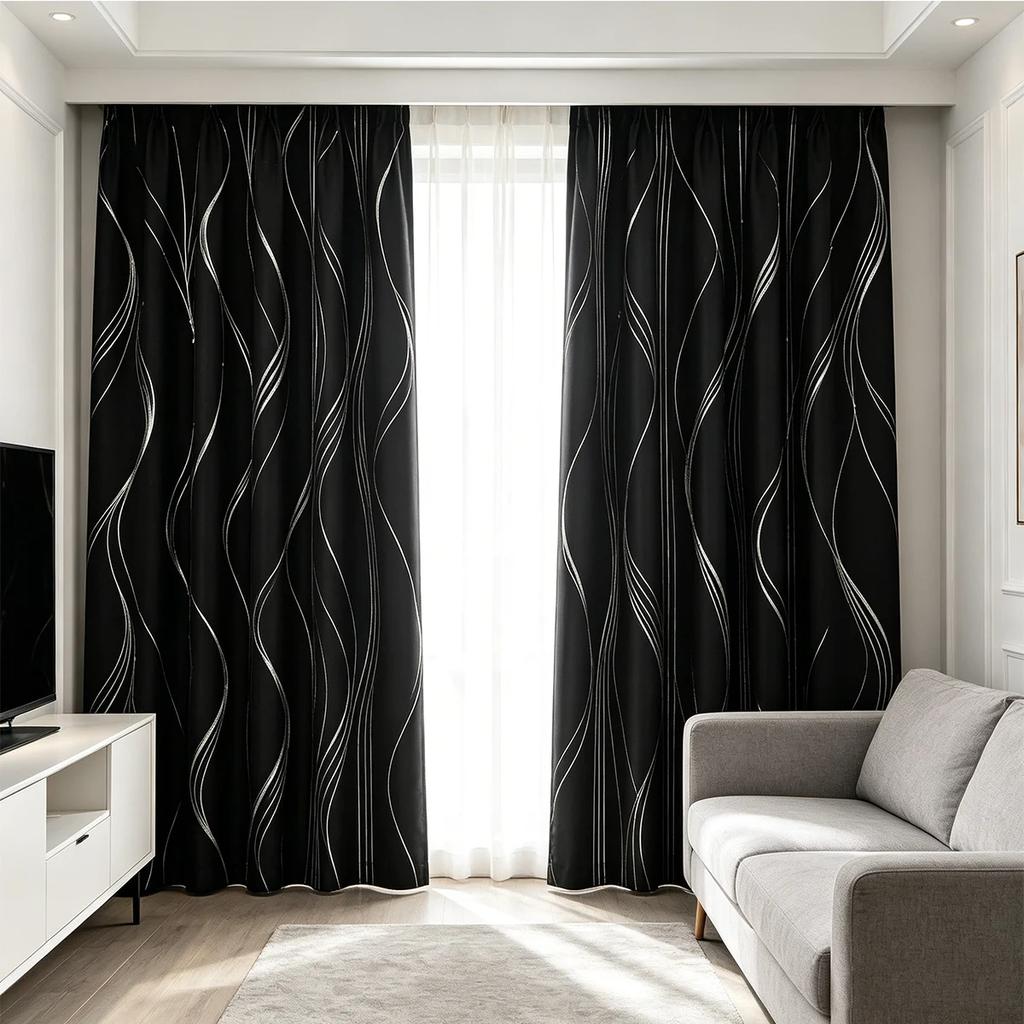 All-Season Curtain Soft Comfortable Dustproof Removable Universal Popular Curtain Blackout Curtain with Gold Foil Wave Pattern, High Precision Drapes