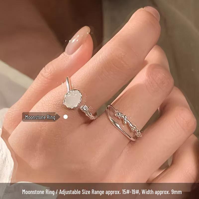 Damen 925 Sterling Silber Mondstein Offener Ring - High-End Light Luxury Zweilagiger Bandring
