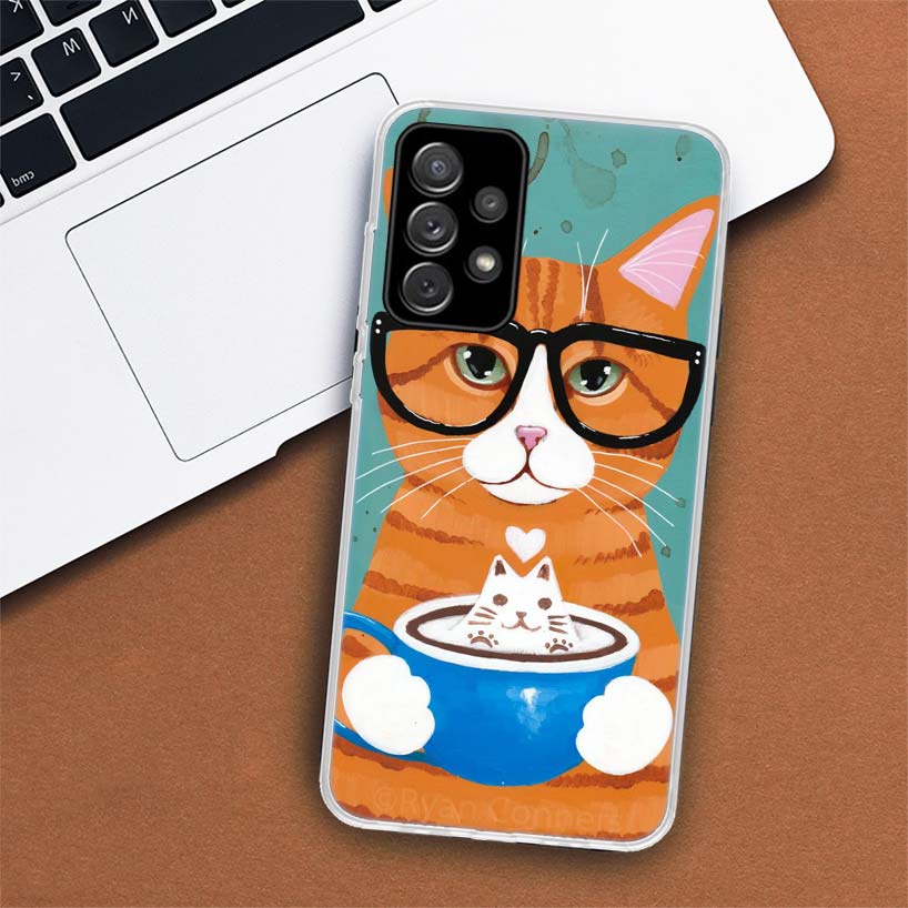 Latte Kávový Mléčný Nápoj Kočka Pouzdro na Telefon Pro Samsung Galaxy A53 A52 A73 A72 A12 5G A13 A22 A23 A32 A33 A02S A03S A42 A43 A50S Coqu