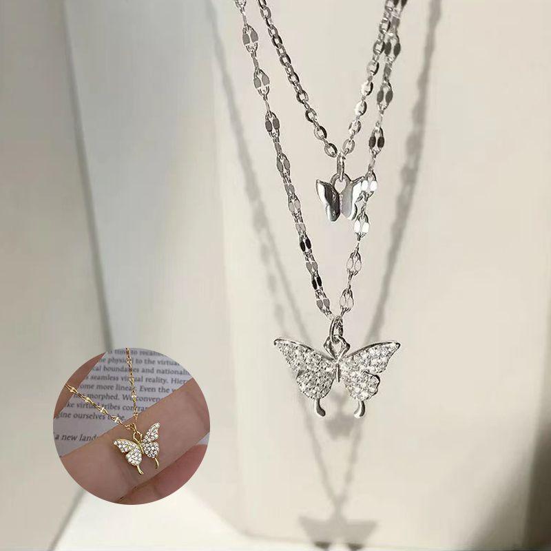 Stylish Adjustable Double Layer Butterfly Pendant Necklace With Hypoallergenic Material