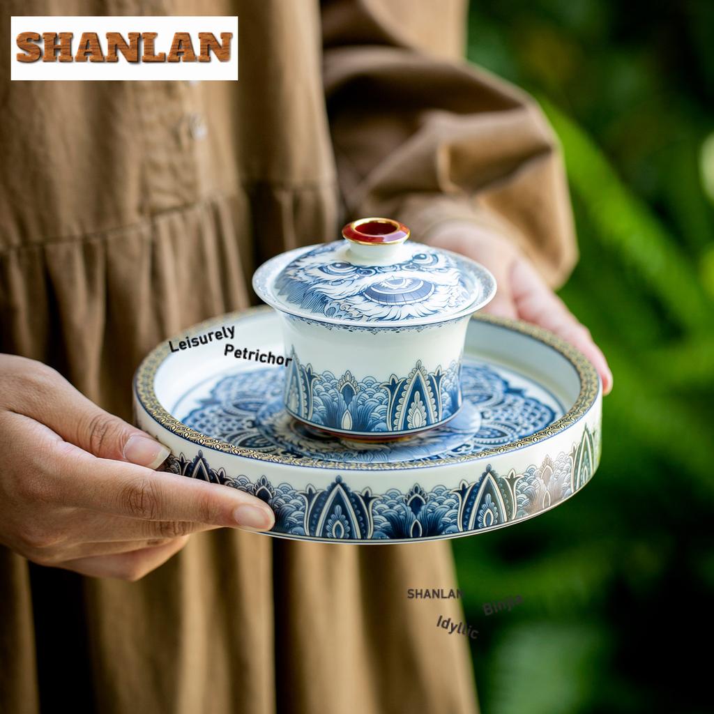 Gaiwan in Porcellana Bianca e Blu Smaltata Colore Leone Risvegliato Tazza da Tè Tureen da Tè con Coperchio Kit Ciotola Coperchio per Infusione Tè Set da Tè Regalo