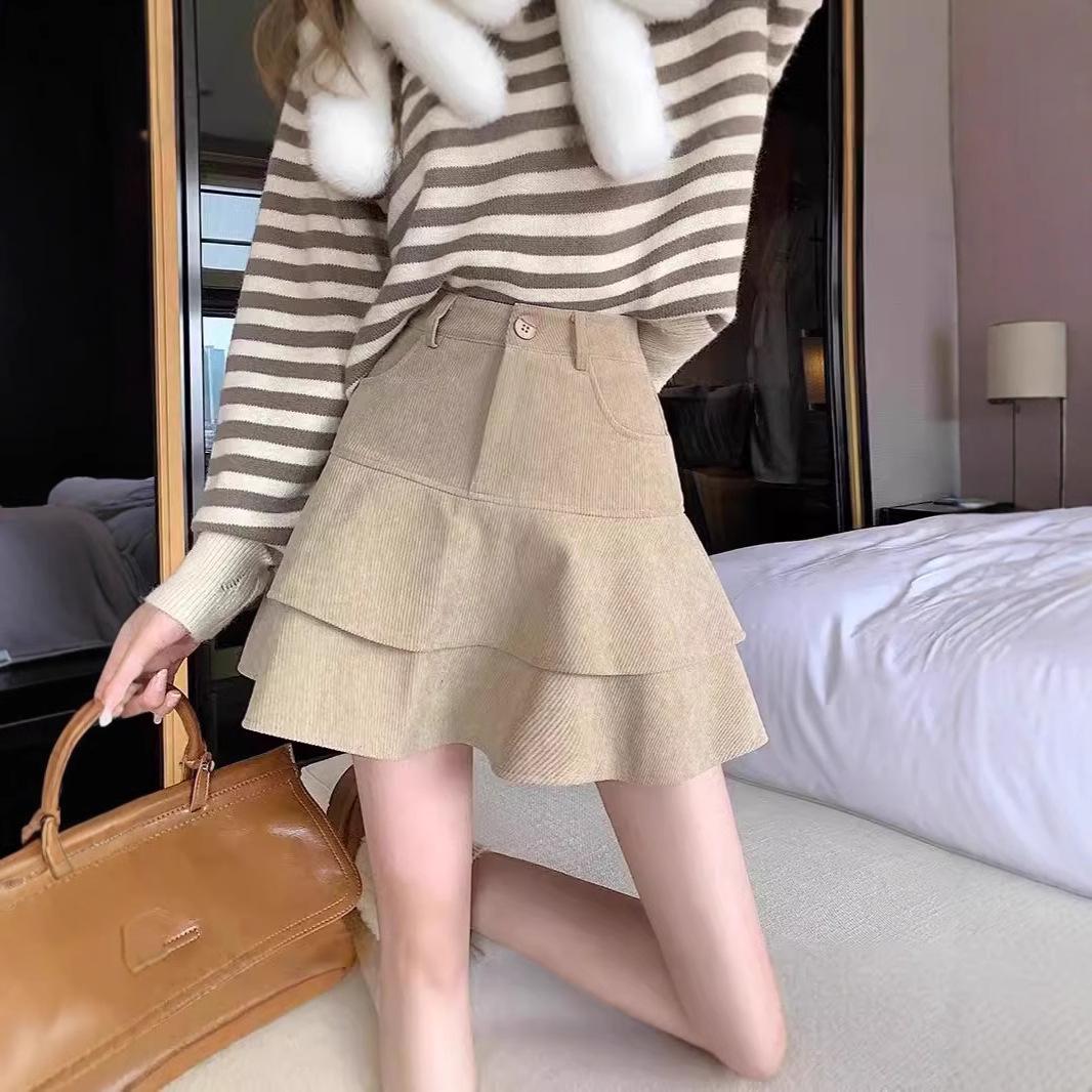 

Women s Khaki Corduroy Pleated Midi Skirt: High Waist, A-line, Autumn/Winter XS
