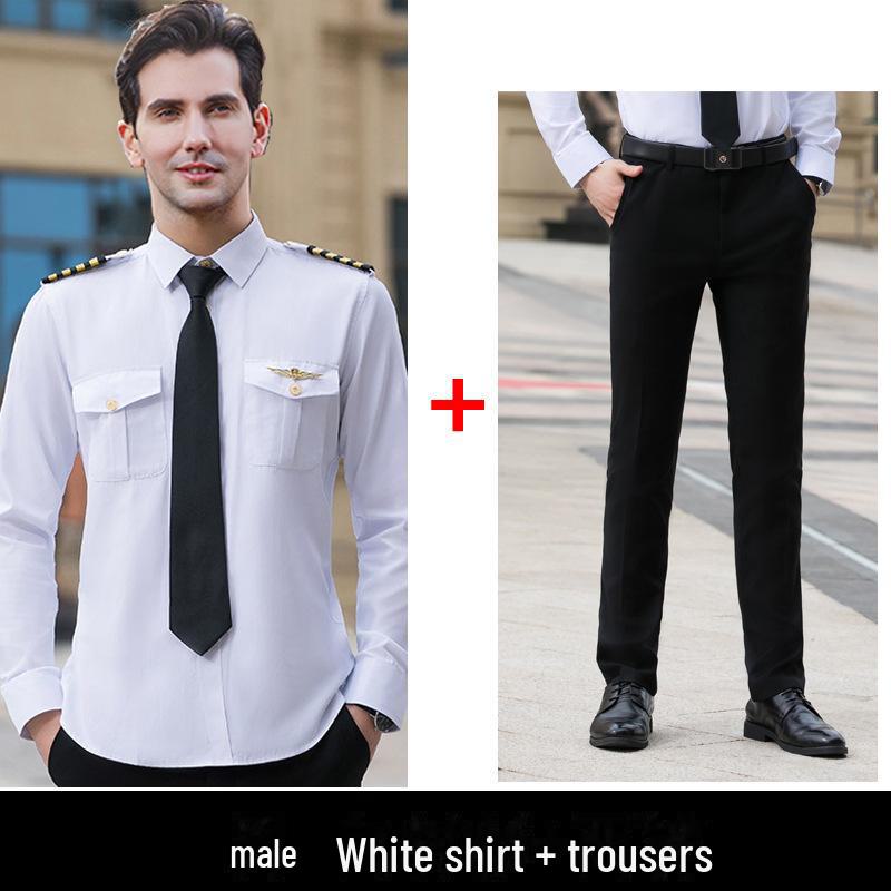 Navy Pilot Long-Sleeved Shirt: Unisex Flight Attendant & Captain Professional Attire