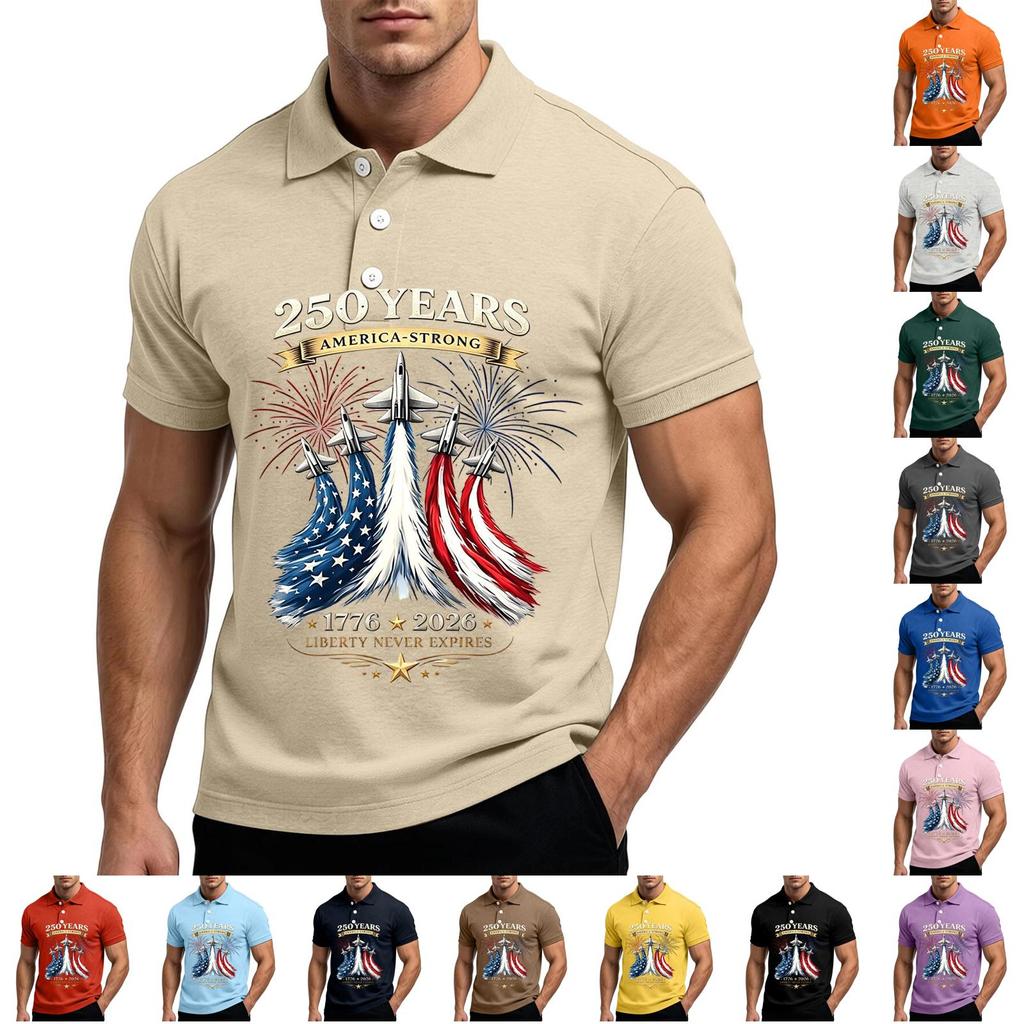 Men's 250th Anniversary Short Sleeve Polo Shirt America Strong Graphic Print 1776 to 2026 Commemorative Casual Shirt