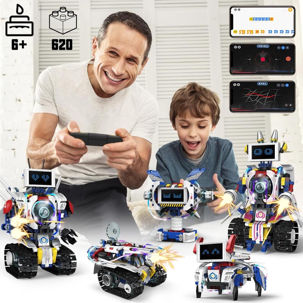 5 in 1 STEM Robot Building Toys Kit, 620Pcs DIY,APP & Remote Control Screen, Eye Coding Rechargeable, Warriors, Birthday Gifts