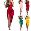 Women's Sleeveless One Shoulder Ruched High Waist Asymmetrical Midi Dress Sequin Split Midi Dress