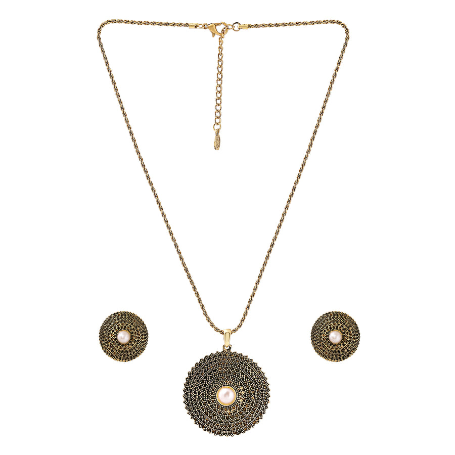 Estele 24kt Oxidized Gold Plated Pearl Mandala Chain Necklaces
