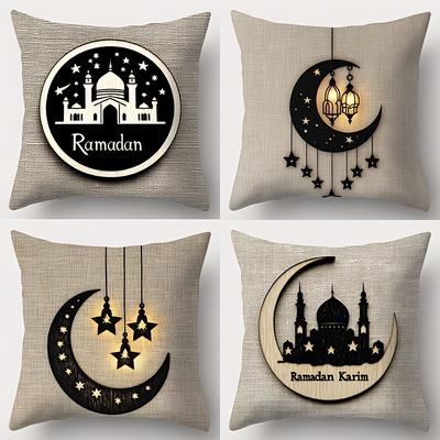 Ramadan Themed Cushion Covers With Mosque Moon Stars Polyester Pillowcase, Sofa Decorative Cushion Cov Headboard Pillow