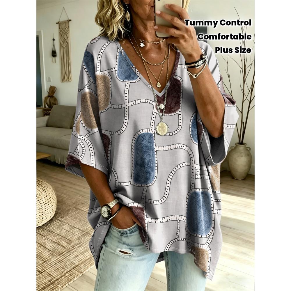 Halloween Printed T-shirt, Pumpkin Lantern Ghost T-shirt, Plus Size Women's V-neck Bat Sleeve Seven Quarter Sleeve Casual Top