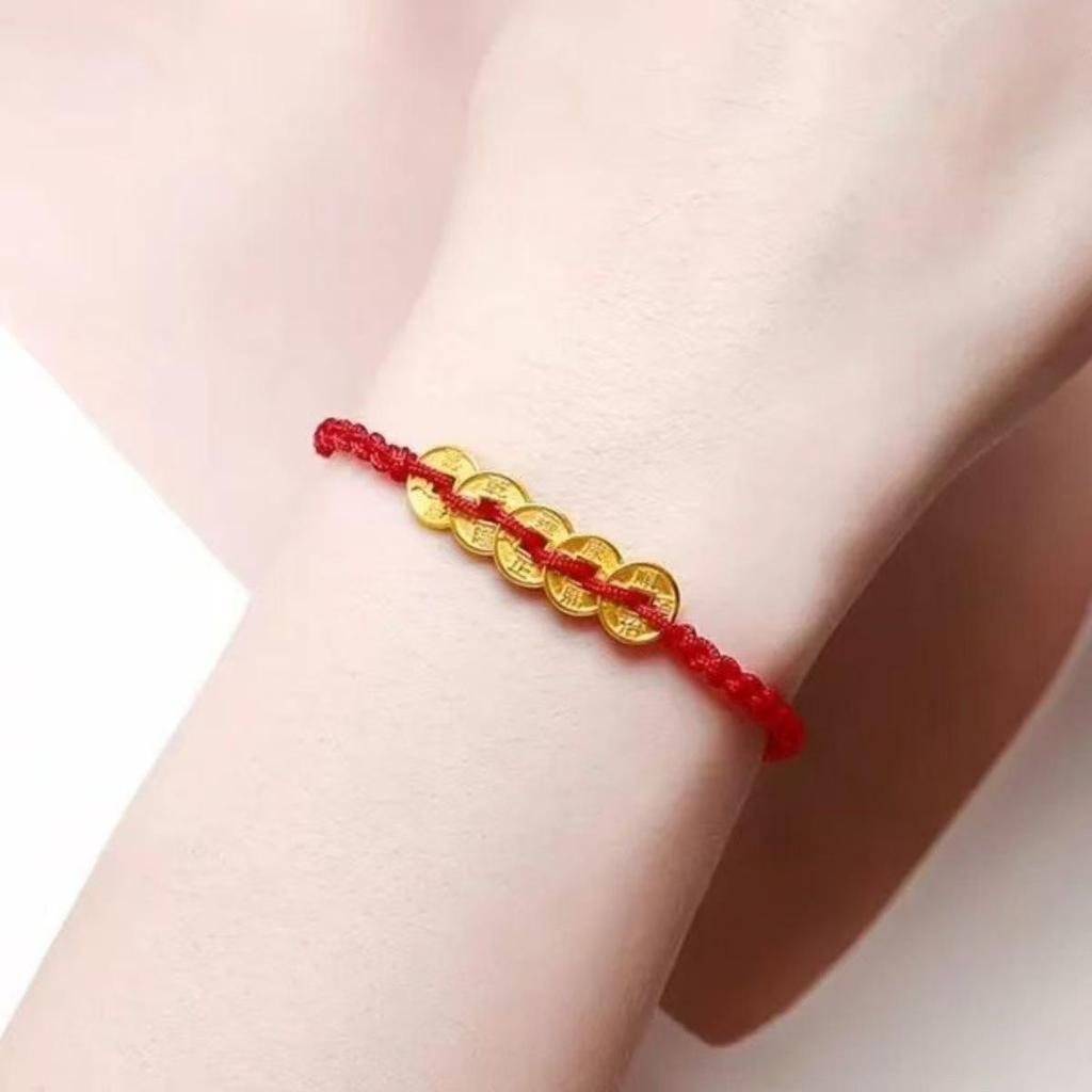 Fashionable Red Woven Bracelet with Five Emperors Copper Coins and Golden Pendant