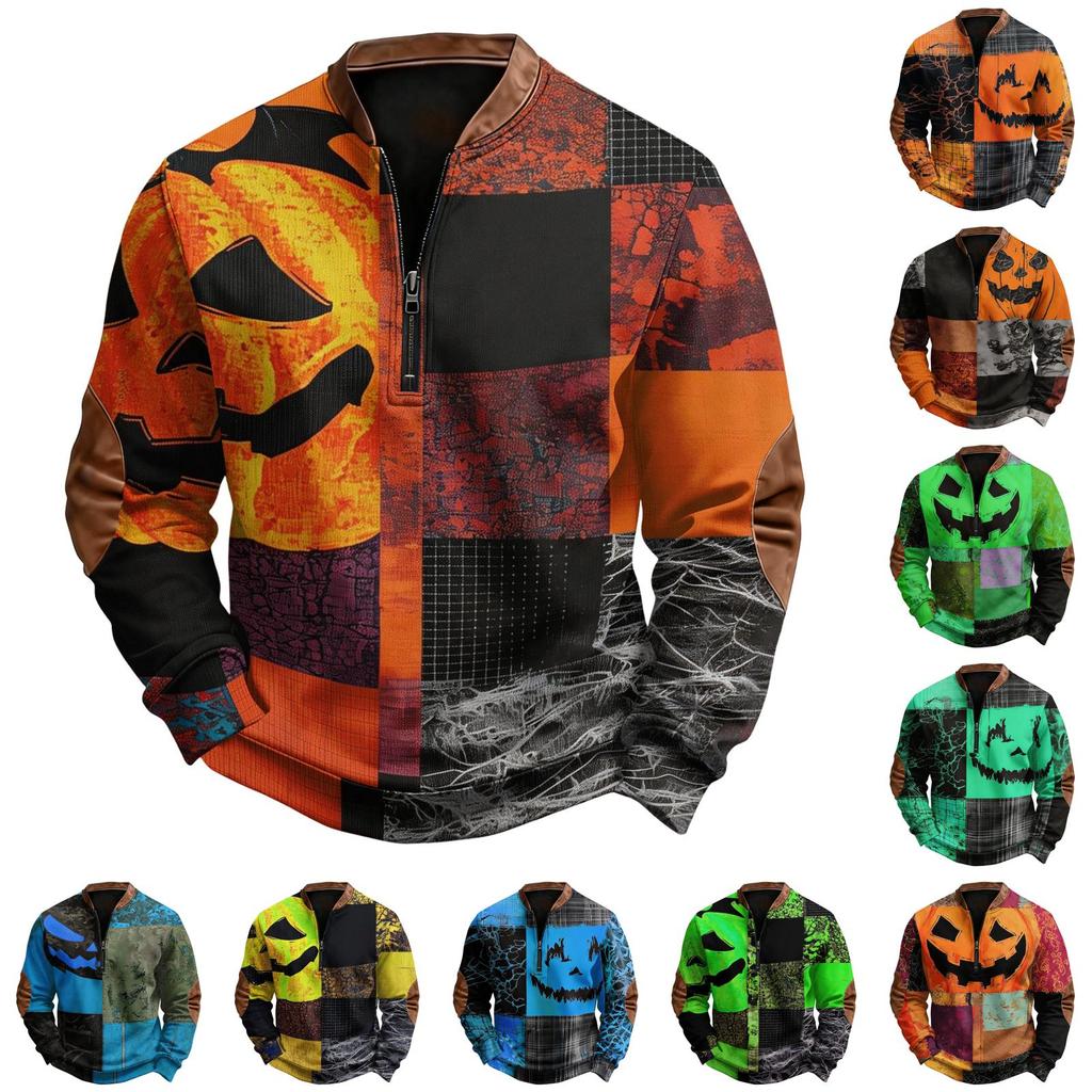 Men's Vintage Halloween Print Half Zip Crewneck Sweatshirt